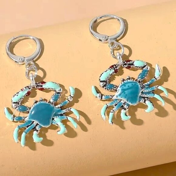 Crab Earrings Blue Enamel Dangle Drop Beach Sea Y2K Ocean Trendy Stylish Fun NEW - Picture 3 of 4